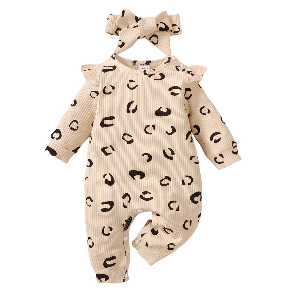 Baby Girl Allover Leopard Print Ruffle Jumpsuit & Headband in Beige, Size 6-9‌